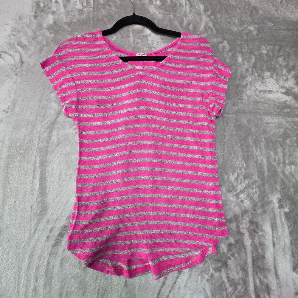 Splendid Girls Pink Silver Metallic Striped Short Sleeve Knit Top Size 14